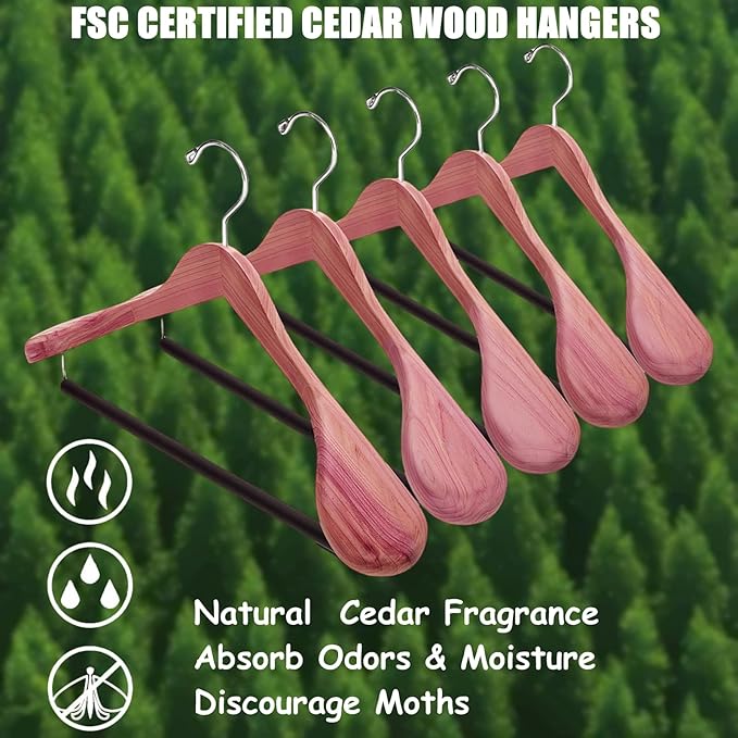 Amber Home 10 Pack American Red Cedar Wood Coat, Suit Hangers with Extra Wide Shoulder, Wooden Jacket Clothes Hanger Smooth Deluxe Aromatic Natural Cedar with Non Slip Velvet Pant Bar