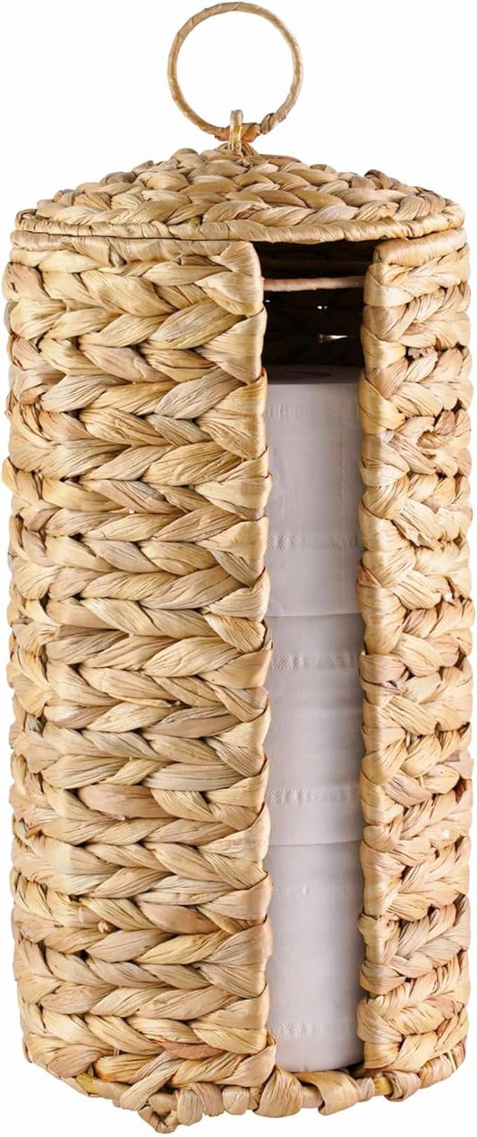 Wicker Toilet Paper Storage Stand with Lid, Toilet Paper Holder for Up to 3 Mega Rolls, Water Hyacinth Toilet Paper Basket Bathroom Accessories Organizer