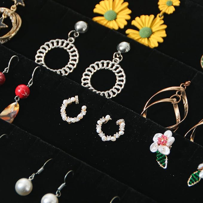 Coward 2PC Black Velvet Stackable Earring Tray Drawer Jewelry Holder Organizer Box Storage Earring Display Stand for Home Drawer or Store Selling (earring+earring)