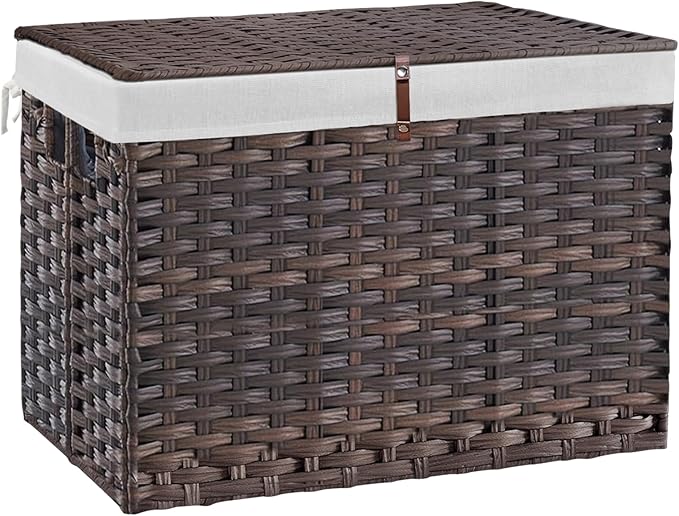 240L Wicker Storage Basket with Lid, Handwoven Rattan Large Shelf Basket with Removable Liner, 63.5 Gallon Wicker Basket for Blanket, Storage Trunk with Handle for Closet, Bedroom, Livingroom, Brown