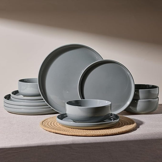 Famiware Milkyway Plates and Bowls Set, 12 Pieces Dinnerware Sets, Dishes Set for 4, Dark Gray
