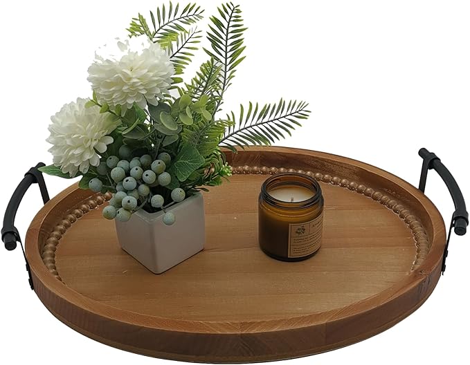 Oval Rustic Wooden Decorative Tray, Serving Tray with Metal Handles, Ottoman Coffee Table Tray, Farmhouse Centerpiece for Kitchen or Living Room (Brown)
