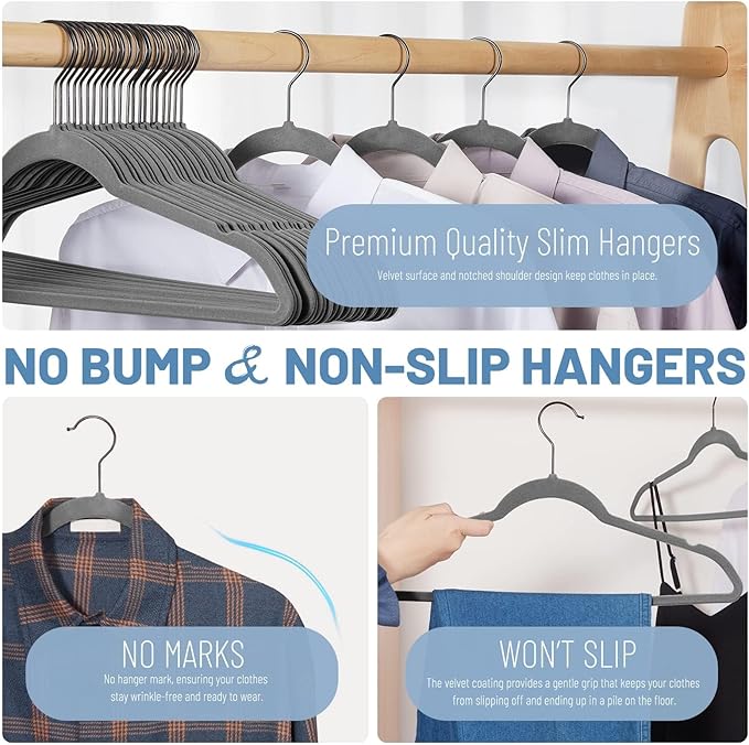 HOUSE DAY Grey Velvet Hangers 60 Pack, Non Slip Felt Hangers, Heavy Duty Velvet Clothes Hanger, Ultra Slim Hanger Space Saving, Perfect for Shirt, Suits, Pants