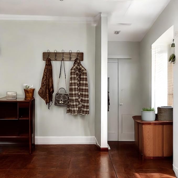 Wooden Coat Rack Wall Mount, 24" Pine with 5 Heavy Duty Antique Gold Hooks, Distressed Espresso Rustic Farmhouse for Entryway, Hallway, Bathroom, or Bedroom