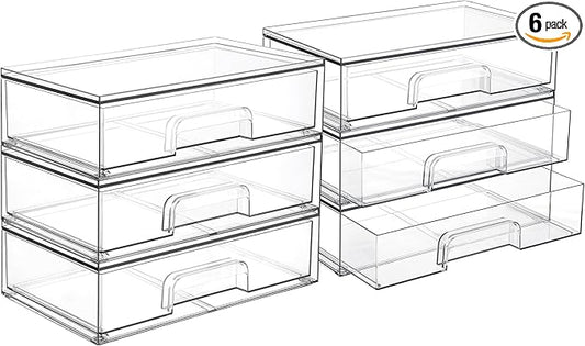 Vtopmart 12.1''W Clear Stackable Storage Drawers,6 Pack Acrylic Plastic Organizers Bins for Makeup Palettes, Cosmetics, and Beauty Supplies,Ideal for Vanity, Bathroom,Cabinet,Desk Organization