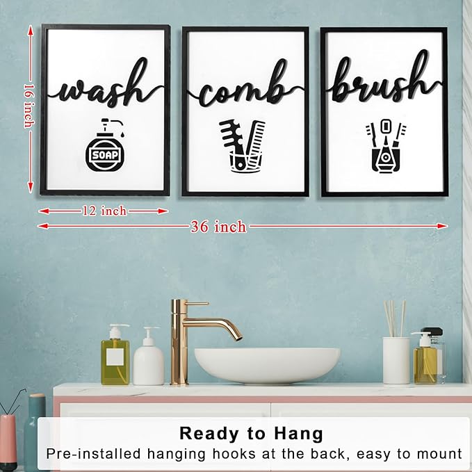 3D Wood Funny Bathroom Wall Art, Framed Black and White Bathroom Pictures Wall Decor, Cute Toilet Pictures for Bathroom Signs Decor(Ready to Hang, 12x16 inches, Set of 3, Framed)