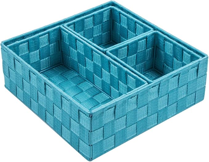 Posprica Woven Storage Baskets for Organizing, Small Black Baskets Cube Bin Container Tote Organizer Divider for Drawer, Closet, Shelf, Dresser, Set of 4(Aqua)