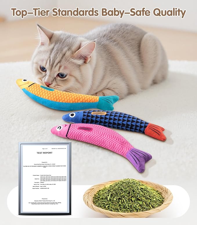 Interactive Cat Toys with[5000mg Premium A+Catnip &Silvervine][Baby Grade] Soft Chew Kicker Cat Toys for Indoor Cats & Kittens, Crinkle &Rattle Fish Sound Toy, Drives Bored Cats Crazy with Fun,3 Pack