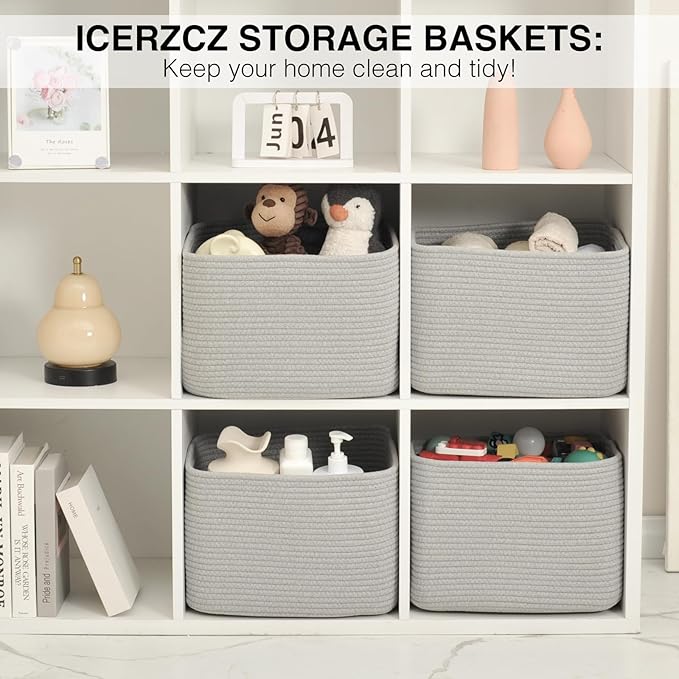 Storage Baskets for Organizing & Shelves, Woven Cotton Rope Organization Bins for Dog Toys, Clothes, Books, Nursery Organizer, 15" Lx11 Wx9.5 H, (4 Packs) Grey