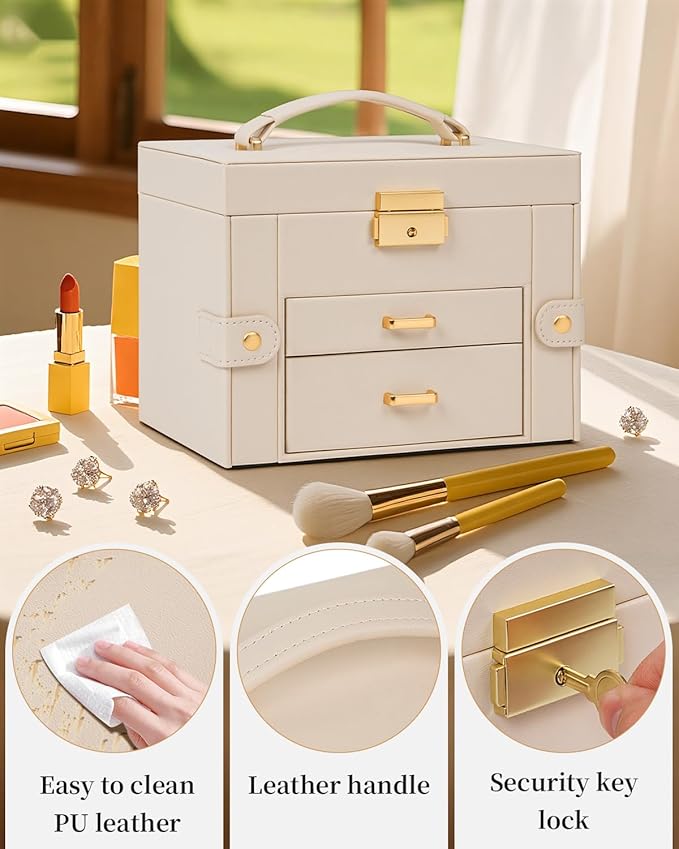 TORIBIO Jewelry Box for Women, Leather Jewelry Organizer with Mirror & Lock, 3-Tier Jewelry Storage Organizer with 2 Drawers for Girls/Women/Mothers, Necklace Earring Bracelets Holder Organizer