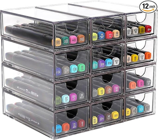 Desk Organizer with Drawers, Stackable Plastic Storage Drawers for Makeup or Desk Organization, Cabinets for Office Dressing Countertop Bathroom Bedroom (12 Packs)