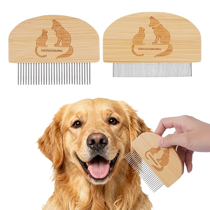 Pet Grooming Combs for Dogs Cats, 2 Pack Bamboo Combs with Wide Fine Teeth for Shedding, Detangling, Flea Removal and Daily Care