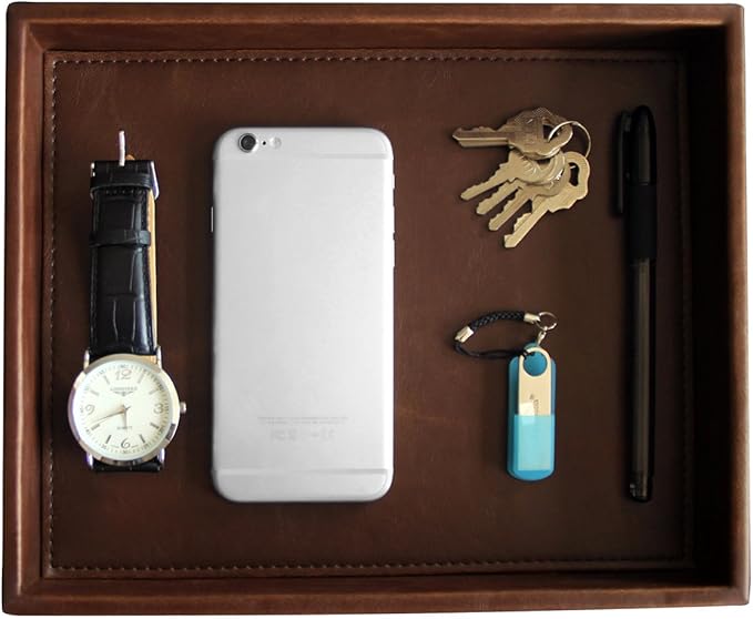 HofferRuffer Decorative Vanity Tray, Desktop Storage Organizer, Catchall Tray, Valet Tray, Nightstand or Dresser Organizer, PU Faux Leather Bathroom Tray, Brown, 10.2 x 8.4 x 1.8 inches