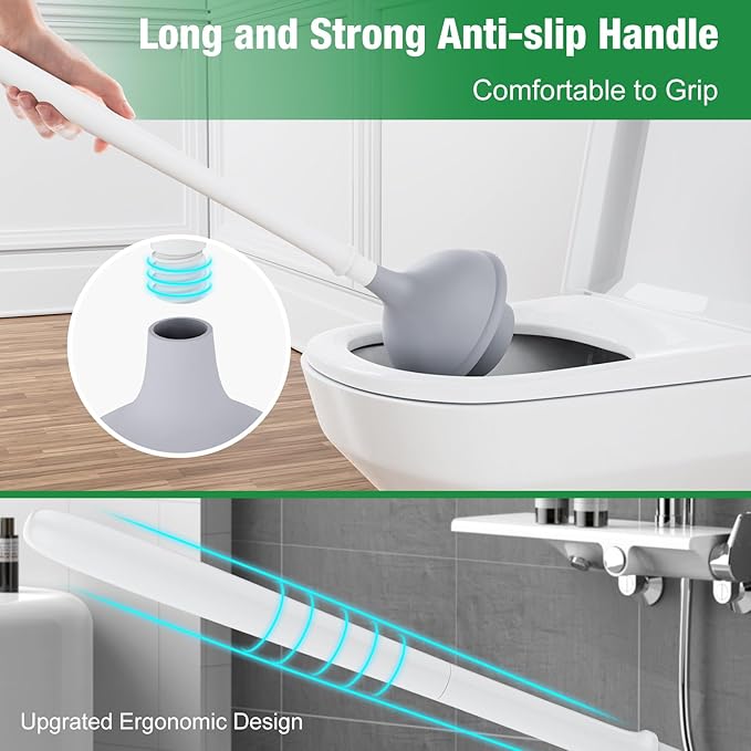 Lefree, 2 in 1 Toilet Brush and Plunger Set with Silicone Bristles, Plastic Material, Includes Holder, White/Black, for Deep Cleaning