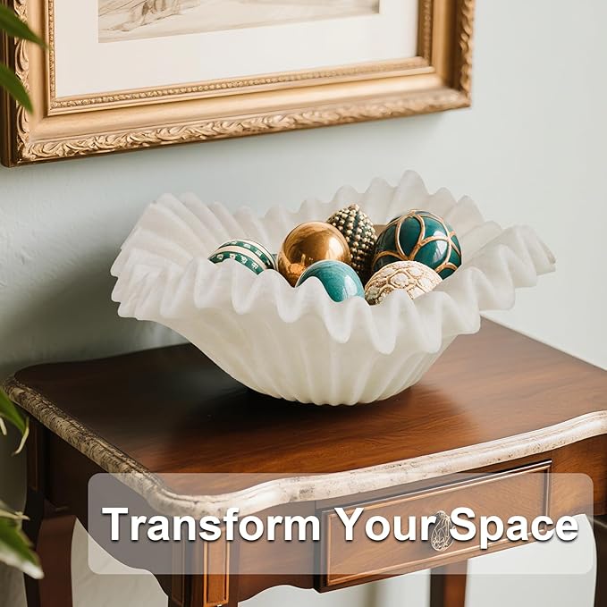 Braxio White Decorative Bowl – Resin Ruffle Bowl for Entryway, Dining Table Centerpiece, Fruit or Key Holder for Modern Home Decor, 12 Inch Art Deco Style