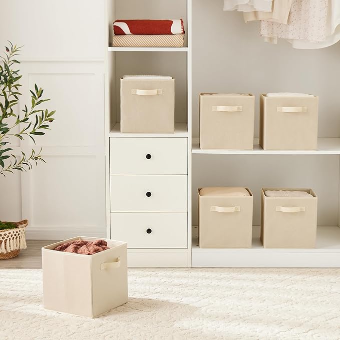 MAX Houser Fabric Cloth Storage Bins,Foldable Storage Cubes Organizer Baskets with Dual Handles for Home Bedroom Storage,Set of 6(Beige)