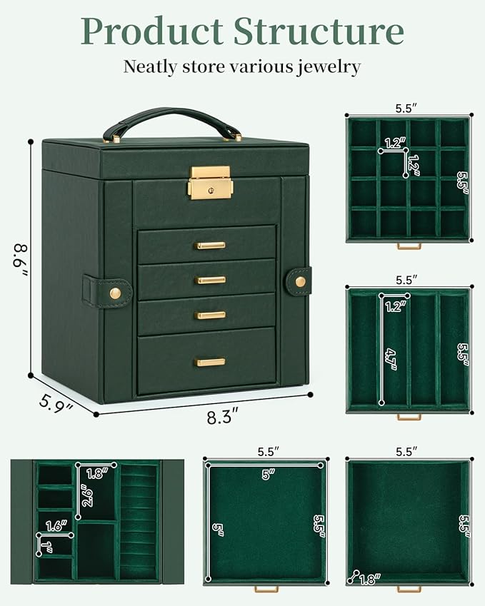 TORIBIO Jewelry Box for Women, Leather Jewelry Organizer with Mirror & Lock, 5-Tier Jewelry Storage Organizer with 4 Drawers for Girls/Women/Mothers, Necklace Earring Bracelets Holder Organizer