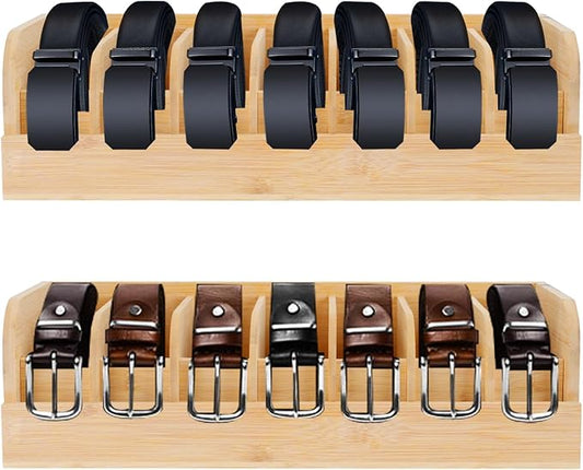 GTI Belt Organizer,2pcs 7 Compartments Belt Organizer for Closet and Drawer, Bamboo Display Case for Tie and Belt, Belt Storage Organizer for Men Women (Wooden)