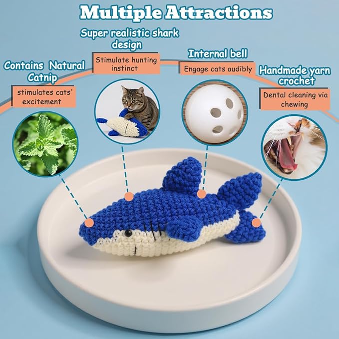 Cat Toys with Catnip & Bell Soft Natural Cat Nip Toys for Indoor Cats Hand Crocheted Interactive Kitten Fish Toys