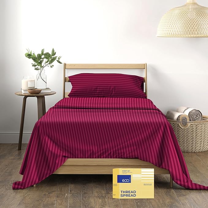 THREAD SPREAD Luxury Egyptian Cotton Twin Stripe Sheet Set - 600 Thread Count Extra Long Staple 3 PC Set, Twin Damask Sheets, Soft, Cooling Sateen Weave Striped Sheets Upto 18" Deep Pocket - Burgundy