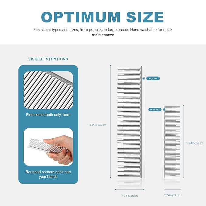 6 Inches Stainless Steel Pet Comb for Dogs & Cats, Metal Detangling Grooming Tool for Long & Short Haired Pets, Anti-Static Cat Comb with Rounded Teeth for Matted Fur Removal & Shedding Control