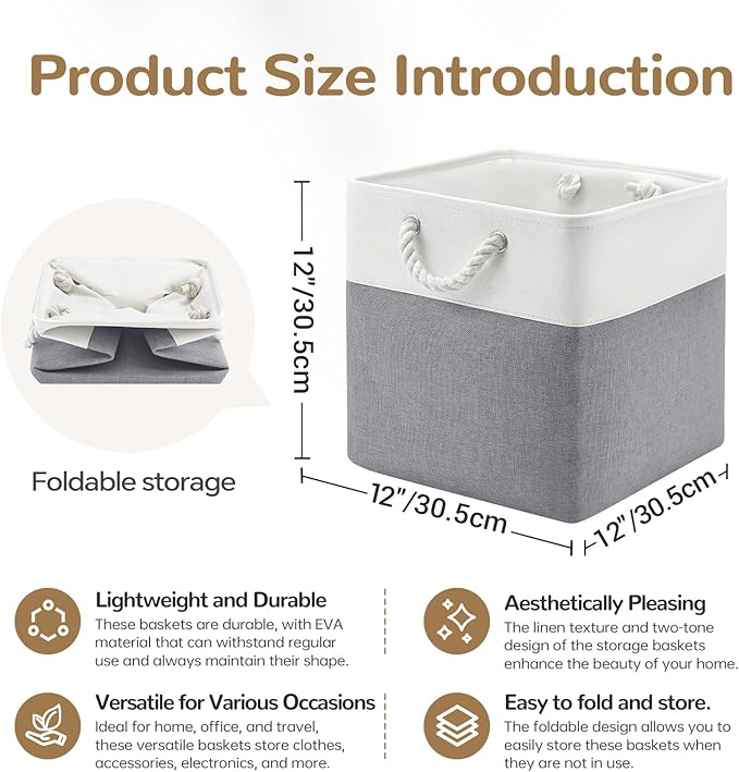 12 x 12 Inch Cube Storage Bins, 4 Pack Fabric Storage Basket with Handles, Foldable Boxes Organizer for Shelf Baskets for Home, Clothes, Toys (White/Grey)