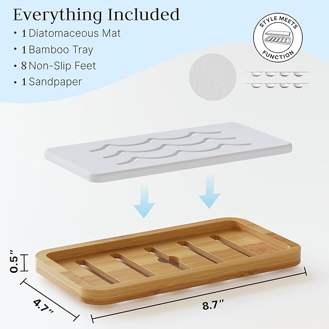 Water Absorbing Stone Tray for Sink, Fast Drying Diatomite Stone with Bamboo Sink Tray, Stone Drying Mat for Bathroom and Kitchen Counter, Bathroom Countertop Tray