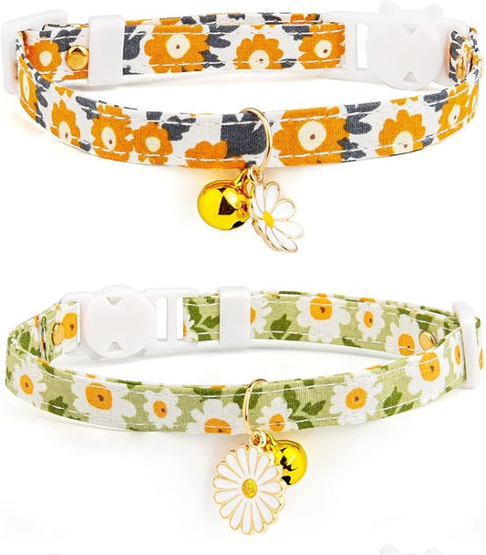 2 Pack Cotton Breakaway Cat Collar with Bell Green&Orange Daisy Pendant Cute Kitten Cat Collar Suitable for Girls and Boys