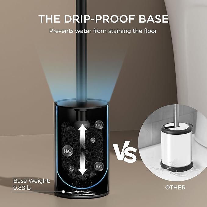 FORIOUS Toilet Brush and Holder Set, 304 Stainless Steel Heavy Duty Base and Handle for Bathroom Deep Cleaning, Toilet Bowl Cleaners Brush with Holder, Space Saving for Storage (2, Matte Black)