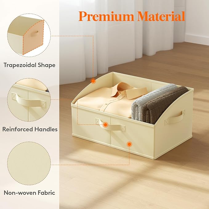 Lifewit Large Trapezoid Closet Storage Bins for Shelf, 6 Packs Non-woven Closet Organizer Baskets with Handles, Foldable Clothes Containers Boxes for Clothing, Book, Purse, 19L, Beige