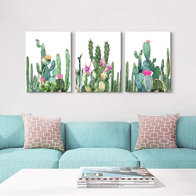 Canvas Wall Art for living room bathroom Wall Decor for bedroom kitchen artwork Canvas Prints green watercolor cactus painting 3Pieces abstract Modern framed office Home decorations family picture