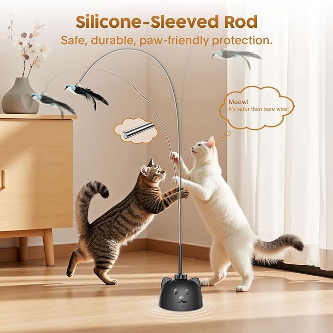 Interactive Cat Toys for Indoor Cats: Upgraded 360° Automatic Spin Flying Bird Feather Wand with Silicone Protected Rod Safe Play, Strong 8cm Suction Cup, USB-Rechargeable for Bored Kittens and Adult