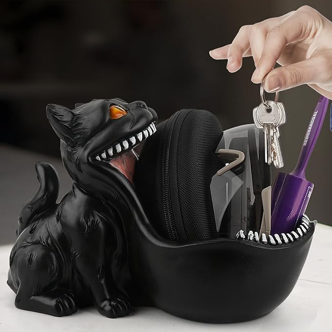 Cat Candy Bowl Gothic Decor Black Cat Statue Decorative Bowl Large Candy Dish for Office Desk Cute Key Bowl for Entryway Table Big Mouth Cat Gifts