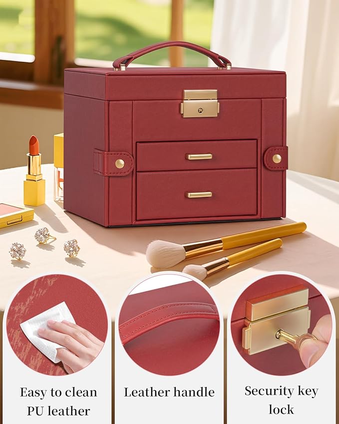 TORIBIO Jewelry Box for Women, Leather Jewelry Organizer with Mirror & Lock, 3-Tier Jewelry Storage Organizer with 2 Drawers for Girls/Women/Mothers, Necklace Earring Bracelets Holder Organizer