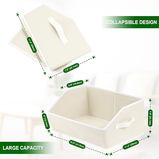 Cube Storage Organizer - Large Bins with Handle, Trapezoid Organizing Baskets for Shelves, Decorative Storage Baskets for Clothes, Blankets, Books, 4 Pack, Beige