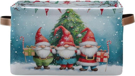 Large Storage Basket Christmas Gnomes Storage Bin Cube Canvas Fabric Organizer Handles Collapsible for Clothes Toys Bedroom Decorative
