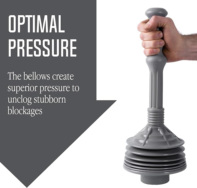JS Jackson Supplies Professional Bellows Accordion Toilet Plunger, High Pressure Thrust Plunge Removes Heavy Duty Clogs from Clogged Bathroom Toilets, All Purpose Power Plungers for Bathrooms, Grey
