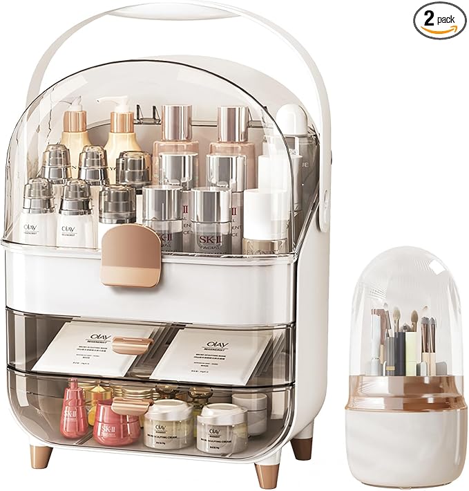 TooCust Cosmetic Display Case with Brush Holder - Makeup Box with Transparent Drawers and Cover, Potable Skin Care Storage Organizer with Handle, Dust Proof Makeup Organizer for Vanity, White & Gold