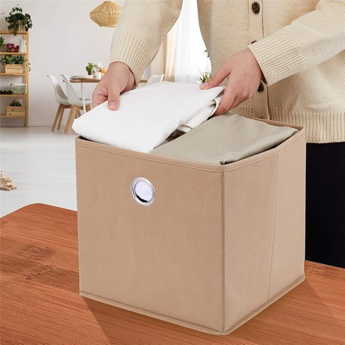 HSDT6 Cube Storage Bins Beige 11x11x11 Inch Foldable Fabric Storage Basketes for Home Organizers Storage Drawer,QY-SC19-6,Alpaca(Set of 3)