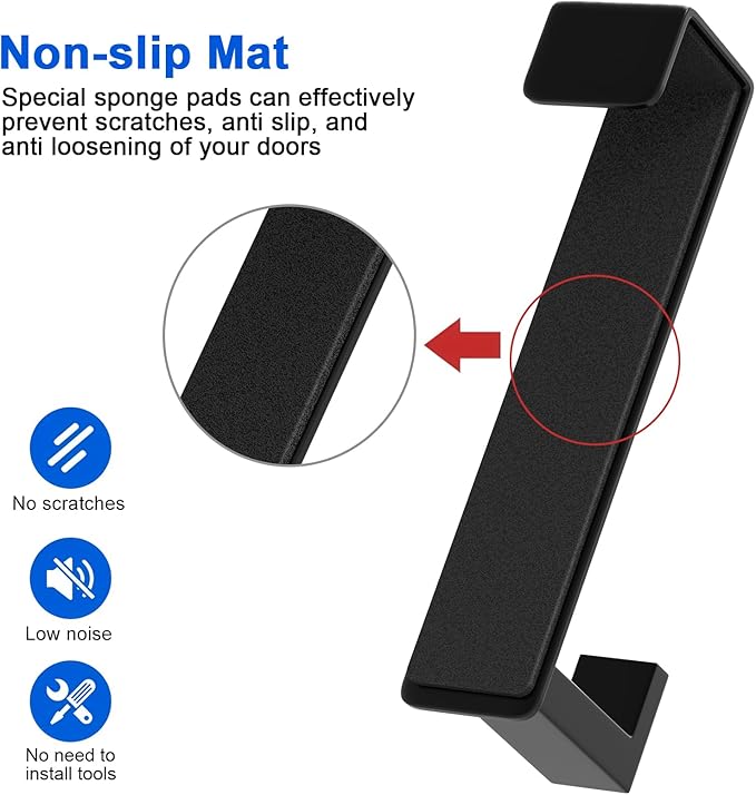 PMMASTO 2-Pack Over The Door Hooks - Rustproof Stainless Steel Door Hangers Fits for 1-3/4 Inch Thick Doors, Non-Marking and Tool-Free Easy Install (Black, L Shape)