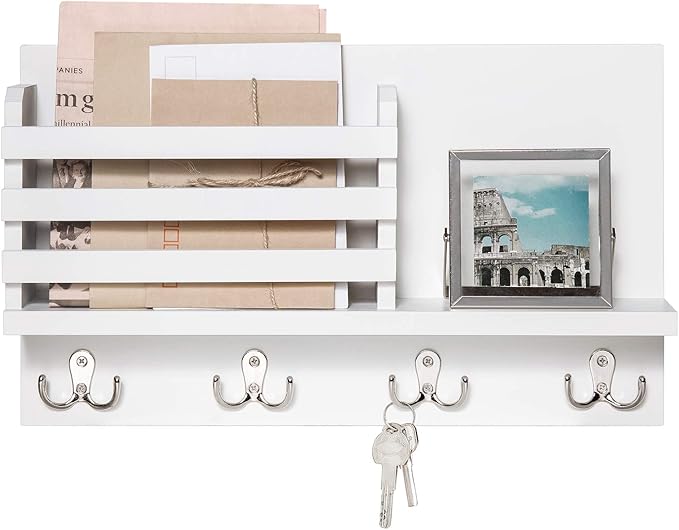 Dahey Wall Mounted Mail Holder Wooden Key Holder Rack Mail Sorter Organizer with 4 Double Key Hooks and A Floating Shelf Rustic Home Decor for Entryway or Mudroom,15.7" W x9.3 Hx3.2 D, White