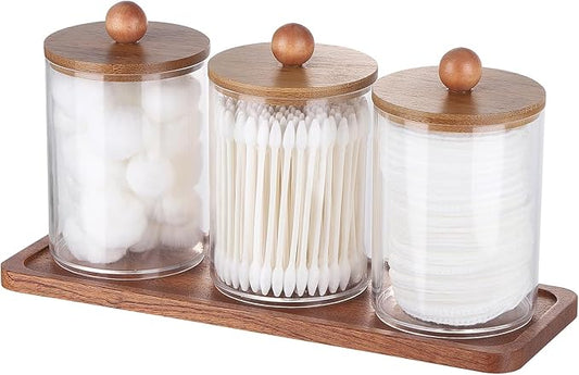 Tbestmax Qtip Holder with Vanity Tray, Clear Bathroom Containers Dispenser for Storage Cotton Swab/Ball/Pad Holder Wood Lids
