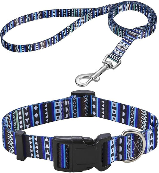 Dog Collar and Leash Set with Bohemia Floral Tribal Geometric Patterns - Soft Ethnic Style Collar Adjustable for Small Medium Large Dogs(Bohemian Blue Set,XS)
