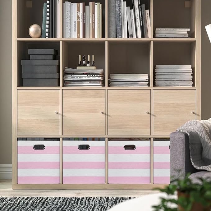 13x15x13 Storage Cube Bins, Foldable Storage Cubes, Fabric Organizer Basket Bin, Striped Containers Decorative Storage Boxes for Shelves Wardrobe Closet Home Office, 4 Pack, Pink/White