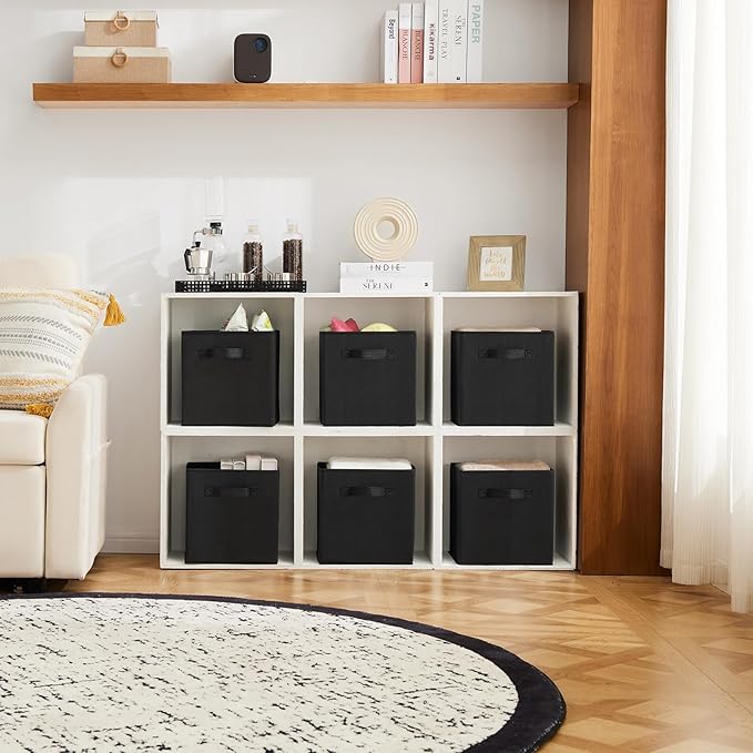 MAX Houser Fabric Cloth Storage Bins,Foldable Storage Cubes Organizer Baskets with Dual Handles for Home Bedroom Storage,Set of 6(Black)