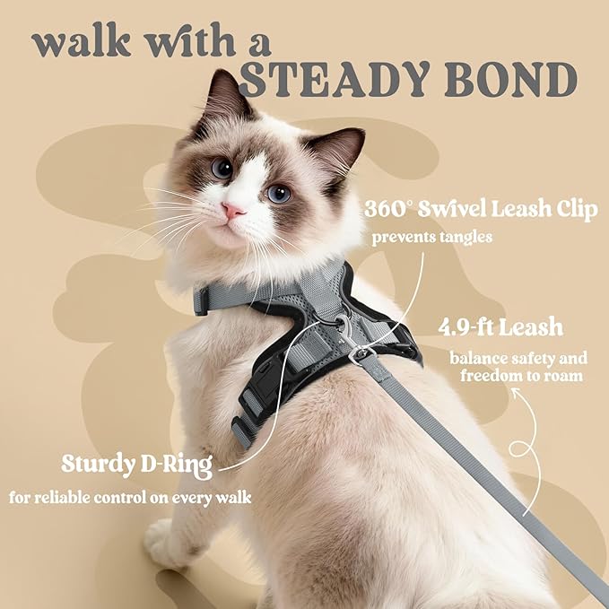 rabbitgoo Cat Harness and Leash for Walking, Escape Proof Soft Adjustable Vest Harnesses for Cats, Easy Control Breathable Reflective Strips Jacket, Grey, S