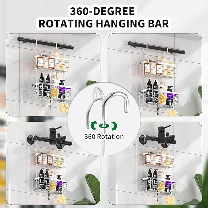 SHANSHUI Shower Hanging Caddy, Double Bathroom Showers Organizer Basket, Shampoo Bracket, Over Door Shower Rack with Hooks, 304 Stainless Steel Rustproof