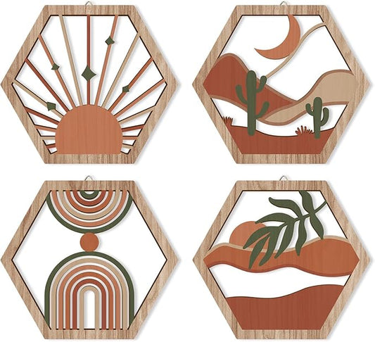 HPNIUB 4 Pcs Boho Wall Art Decor, Bohemian Geometric Hanging Wood Sign for Living Room, Aesthetic Abstract Desert Cactus, Minimalist Farmhouse Botanical Wooden Plaque for Apartment Bedroom(11''x9.8'')