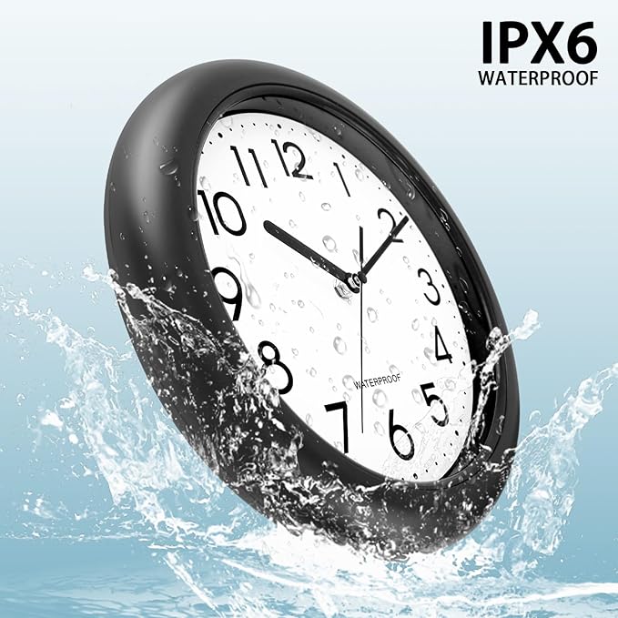 Caysie 10 Inch Sealed Indoor Outdoor Clock Waterproof, Silent Battery Operated Weatherproof Wall Clocks for Pool Patio Outside Home (Black)