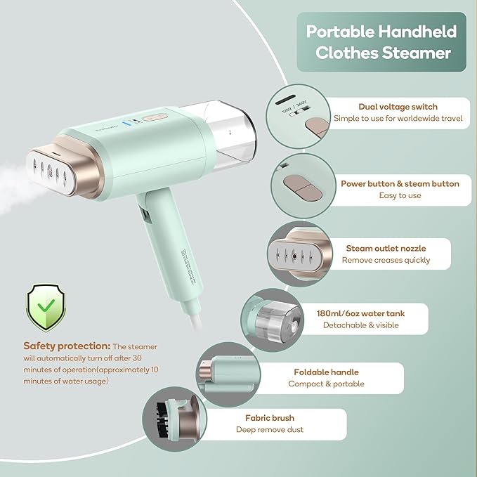 Newbealer Dual Voltage Travel Steamer - 120V/220V Handheld Steamer for Clothes, 1200W Horizontal & Vertical Steaming, 20s Heat-up, Foldable, 180ml Garment Wrinkle Remover (Green)